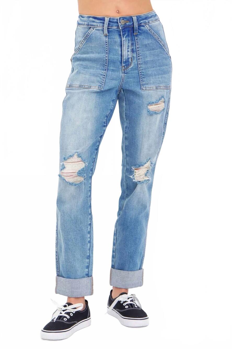 NEW JUDY BLUE high-rise patch pocket and distress jeans in blue